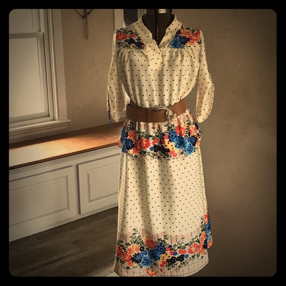 Vintage Polka Dot Floral Peplum Midi Dress